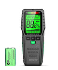 Front view of Two Pin Digital Wood Moisture Meter With Pin Probes, Handy Humidity Tester next to a GP battery