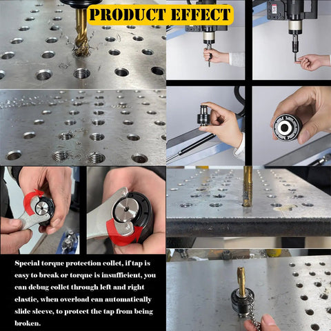 1200 Watt Electric Tapping Machine With 360 Degree Flexible Arm And Intelligent Touch Screen Control For M3 To M20 Threads showcasing torque protection collet and threading process.