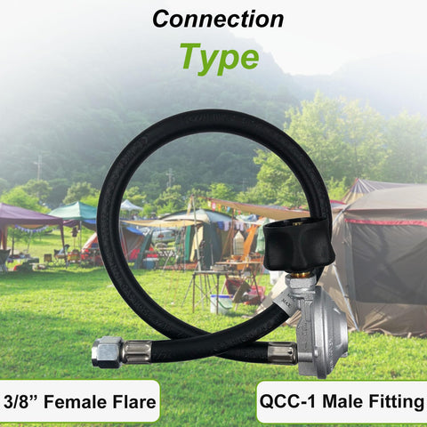 25In Hose And Regulator Kit For Genesis Spirit Summit Grills Replacement Includes 200 210 300 310 330 Silver And Gold Series For Gas Grill Parts Leak Proof Connection For Safe Leak Detection And Easy Gas Grill Setup, showing a 25-inch propane hose with a regulator and connectors on a green field background.