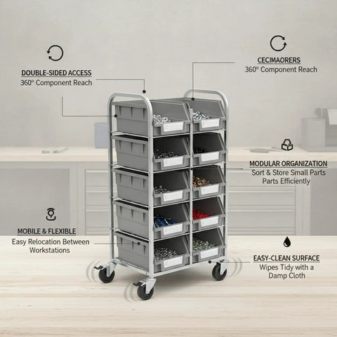 Mobile Double Sided Parts Bin Rack Handy Portable PP Plastic Organizer for small hardware, with open bins and wheels.