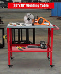 Movable Welding Table 36 By 18 Inch Heavy Duty Steel Workbench With 1200 Lbs Total Load Capacity displaying tools on workbench