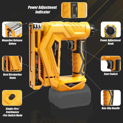 Smooth Operator 3 In 1 Cordless Brad Nailer Compatible With Dewalt 20V Max Battery Tool Only showing power adjustment features and handle.