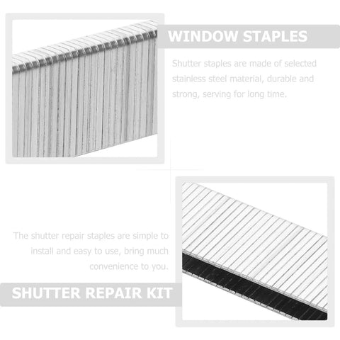Close-up of Tough As Nails Plantation Shutter Repair Staples Kit, durable stainless steel louver repair tabs for window frames.