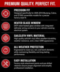 Infographic detailing features of Ford Mustang Convertible Top Replacement For 2005 To 2014 With Sailcloth Vinyl Soft Top Heated Glass Window Black OEM Upgrade and DOT Approved Glass Window Your Ride Ready.