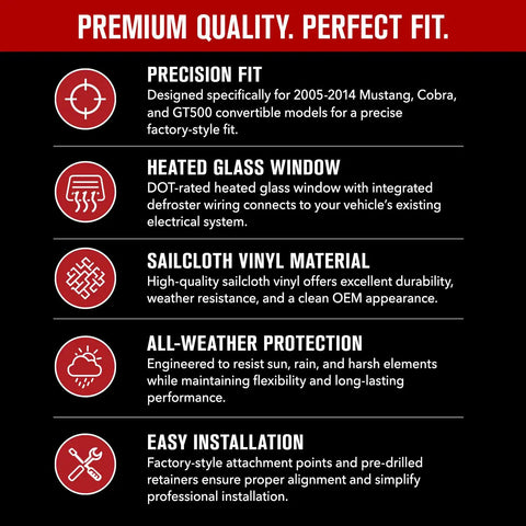 Infographic detailing features of Ford Mustang Convertible Top Replacement For 2005 To 2014 With Sailcloth Vinyl Soft Top Heated Glass Window Black OEM Upgrade and DOT Approved Glass Window Your Ride Ready.