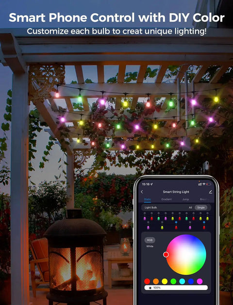 Smart Outdoor String Lights 49 Ft RGBW With 15 LED Bulbs App And WiFi Control Alexa Compatible IP65 Waterproof over pergola.