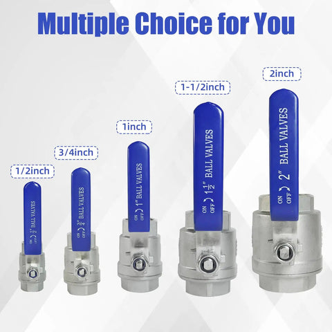 2 Pack One Half Inch Stainless Steel Ball Valve 304 Full Port NPT Female Beefy Heavy Duty Shut Off Valves With Blue Locking Handles For Water Oil And Gas 1000 WOG displayed in multiple sizes comparison chart