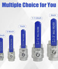 Image showing multiple sizes of ball valves with blue handles, featuring Two Pack 2 Inch Full Port Ball Valve 304 Stainless Steel NPT Female Heavy Duty Shut Off Valve For Water Oil And Gas Systems With Blue Locking Handles 1000 WOG.