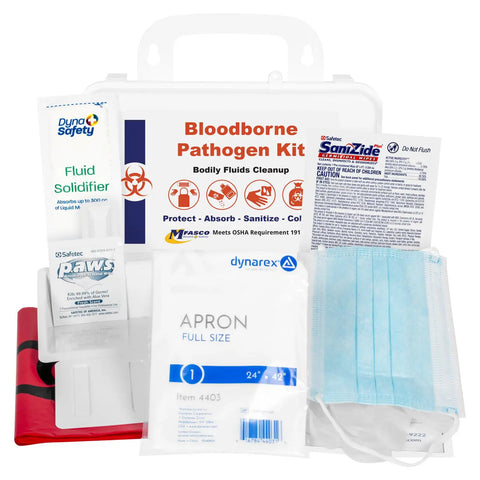 Bodily Fluid Cleanup Kit for Biohazard Spills, Wall-Mountable or Portable, featuring masks, apron, fluid solidifier, and case.
