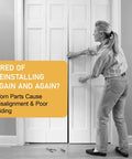 Person adjusting white bi-fold doors with text highlighting installation issues for Top Pivot And Guide Wheel Replacement Kit For Bi Fold Closet Doors No Fuss Install Spring Loaded Bifold Repair Hardware For Accordion Pocket And Barn Style Doors Six Pack.