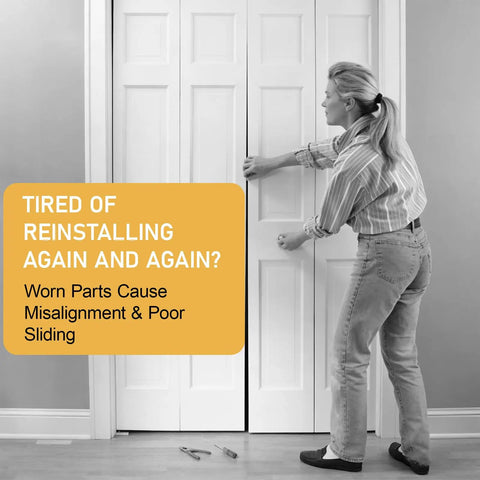 Person adjusting white bi-fold doors with text highlighting installation issues for Top Pivot And Guide Wheel Replacement Kit For Bi Fold Closet Doors No Fuss Install Spring Loaded Bifold Repair Hardware For Accordion Pocket And Barn Style Doors Six Pack.