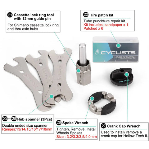 All In One 27 Piece Bike Tool Kit with Durable Storage Case, showing hub spanners, spoke wrench, and tire patch kit.