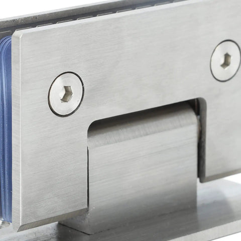 Close-up of Beefy 90 Degree Glass Door Hinges for Frameless Showers, showing brushed stainless steel finish.