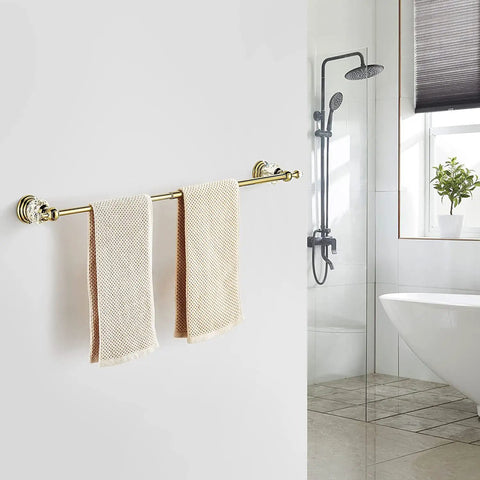 Gold Crystal Towel Bar With Adjustable Rack For That Boss Vibe Luxury Gold Finished Wall Mounted Towel Holder Space Saving Single Rail With Crystal End Balls And Bonus Hook For Bath Accessories in bathroom setting