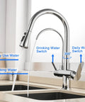 Two Handle Kitchen Sink Faucet With Pull Down Sprayer Hot And Cold Water Built In RO Filtration 3 In 1 Water Purifier in chrome