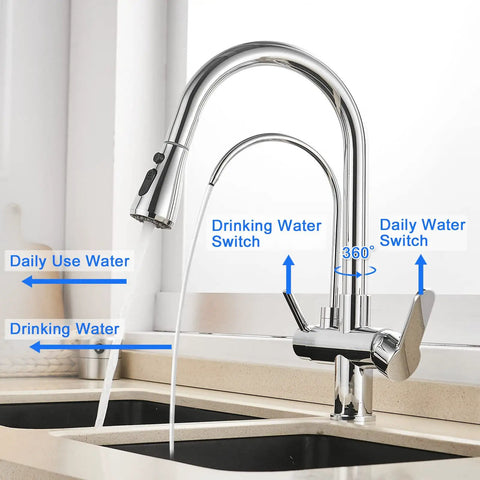 Two Handle Kitchen Sink Faucet With Pull Down Sprayer Hot And Cold Water Built In RO Filtration 3 In 1 Water Purifier in chrome