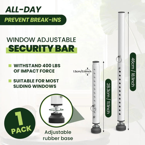 Adjustable Window Security Bar 11 To 18 Inches Portable Short Sliding Window Lock Easy Install For Kid Safe And Anti Theft Rubber Base For Vertical And Horizontal Windows White, showing adjustable range and rubber base.