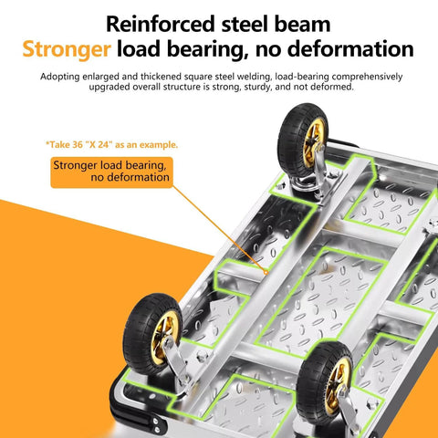 Foldable Platform Truck Push Dolly Heavy Duty 2000 Lb Capacity With Brake showing reinforced steel beam design and swivel wheels.