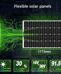 1000W Flexible Solar Panel Kit With Two 500W Panels 40A Controller And Accessories Monocrystalline Photovoltaic Panels For RV Boat Camping And Off Grid Use On Curved Surfaces On The Go displayed with dimensions and efficiency metrics.