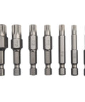 Premium Seven Piece 12 Point Screwdriver Bit Set Features M5, M6, M7, M8 And M10 Torx Sizes For Robust Automotive Repair With 50mm Length Hex Shank Alloy Steel Bits Perfect For Electric Drills And Manual Drivers Without Stripping. Seven alloy steel Torx screwdriver bits with hex shanks, shown in sizes M5 to M10.