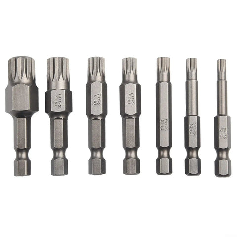 Premium Seven Piece 12 Point Screwdriver Bit Set Features M5, M6, M7, M8 And M10 Torx Sizes For Robust Automotive Repair With 50mm Length Hex Shank Alloy Steel Bits Perfect For Electric Drills And Manual Drivers Without Stripping. Seven alloy steel Torx screwdriver bits with hex shanks, shown in sizes M5 to M10.