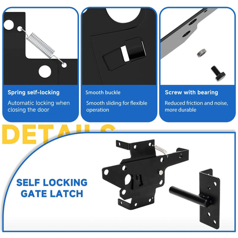 Pro Grade Self Closing Gate Hardware Kit With Heavy Duty Hinges And Latch For Wooden Vinyl PVC Fence Gates Built Tough And Ready Adjustable Post Mount Hinges And Self Locking Gate Latch For Inward Or Outward Swings Includes Two Hinges And One Latch details showing features such as spring self-locking, smooth buckle, and screw with bearing.