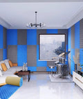 Hardcore Sound Proofing Foam Panels With Quick Rebound Memory Foam For Podcast Booths And Home Theaters Ditch That Room Tone self-adhesive tiles in room with blue and gray panels.