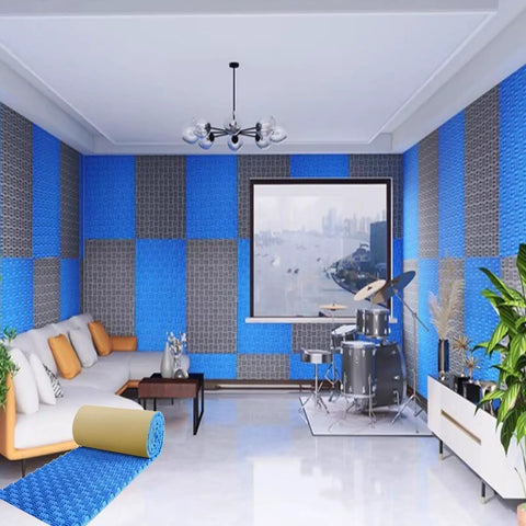 Hardcore Sound Proofing Foam Panels With Quick Rebound Memory Foam For Podcast Booths And Home Theaters Ditch That Room Tone self-adhesive tiles in room with blue and gray panels.