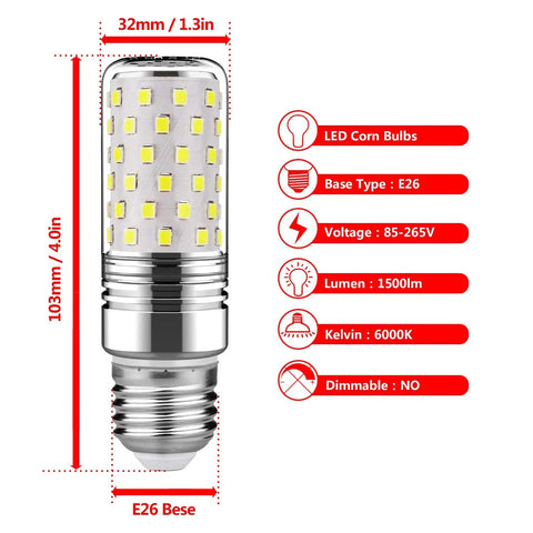 15W LED Candelabra Bulbs 1500 Lumens 6000K Daylight White E12 Base Non Dimmable 3 Pack showing E26 base and dimensions