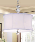 Chrome And Crystal 16 Inch Pendant Light With White Linen Shade For Dining Room And Living Room Dope Modern Glam Ceiling Fixture ETL Listed Requires Three 60 Watt Bulbs Not Included, hanging view.