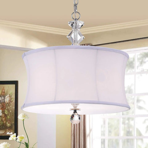 Chrome And Crystal 16 Inch Pendant Light With White Linen Shade For Dining Room And Living Room Dope Modern Glam Ceiling Fixture ETL Listed Requires Three 60 Watt Bulbs Not Included, hanging view.