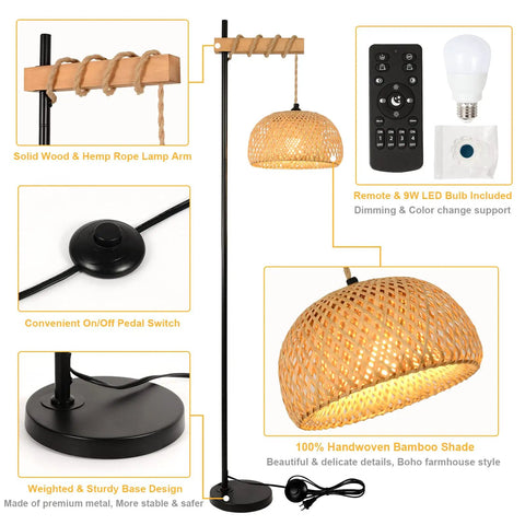 Boho Floor Lamp With Remote For Living Room And Bedroom, Farmhouse Dimmable Rattan Standing Lamp With Bamboo Lampshade, Wood Black Tall Lamp, App Control And Smart Bulb Included, 9W LED, Cozy Warm Glow