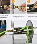 Heavy Duty Wall Mount Metal Garden Hose Reel Featuring Legit Stainless Steel Storage Rack installation instructions showing connectors.