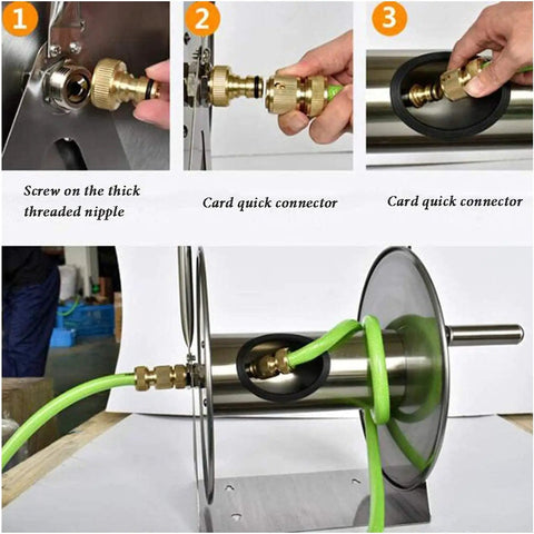 Heavy Duty Wall Mount Metal Garden Hose Reel Featuring Legit Stainless Steel Storage Rack installation instructions showing connectors.