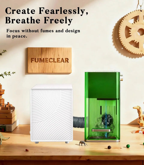 FC-2001X Laser Fume Extractor With Three Powerful Suctions, compact design, green and white units on a woodworking table for lasers.