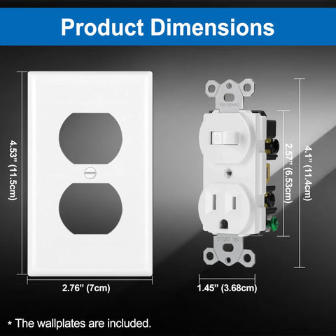 Two Pack Combo Toggle Light Switch And Duplex Outlet dimensions with wall plate, 15 Amp 125V, UL Listed, White.
