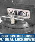 Beefy 4 Inch Bench Vise With 360 Degree Swivel Base shown with dual lockdowns and gray cast iron finish.