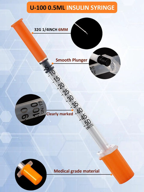 Bulk 100 Pack Disposable Syringes 0.5ml 32 Gauge 0.5cc Lab Supplies Individually Wrapped with Clear Graduation Scale and Smooth Piston for Easy One Hand Operation, U-100 syringe