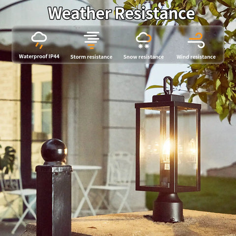 Rugged Outdoor Post Light With E26 Socket Waterproof And Anti Rust Build, lit on a stone wall, showcasing weather resistance features