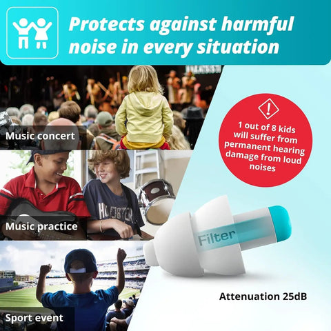 Pluggies Kids Ear Plugs For Small Ear Canals With 25 dB Noise Reduction in music, sport, and school use.