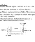 Installation diagram for Drawer Slide Kit Self Closing Replacement Tracks for Bottom and Side Mounted Drawers with measurements.
