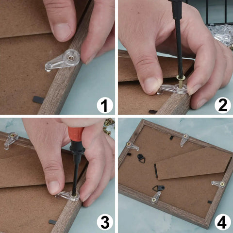 Installation process of Top Tier 50 Pack Cabinet Glass Retainer Clips with gold screws on door panels.