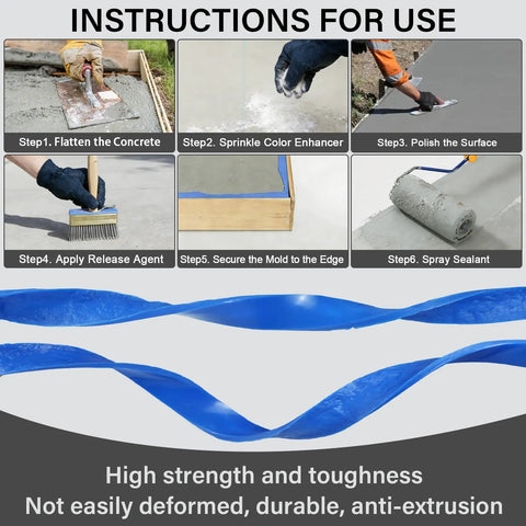 Flexible Stone Edge Form Liner For Concrete Countertops And More, Chiseled Rock Edge Mold steps illustrated with blue mold in use.