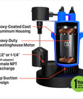 Cross-section of half horsepower submersible sump pump with automatic vertical float switch, heavy-duty build, basement flood defense