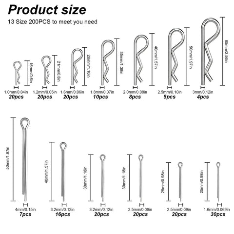All Purpose Cotter Pin And Fastener Kit 200Pcs 13 Sizes Stainless Steel 304 Clevis Pins And R Clips Set sizes displayed