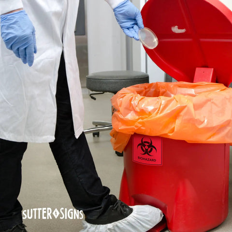 Heavy Duty Biohazard Stickers And Warning Decals Built Tough For Labs And Hospitals Includes Straight Up Essential Durable Vinyl Labels In A Solid Pack Of Ten For Zero Hassle Safety on red biohazard waste bin.