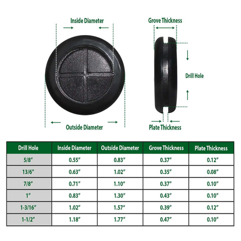 Diagram showing dimensions of a rubber grommet from the 52 Piece Rubber Grommets Kit With Firewall Hole Plugs In Six Hole Sizes.
