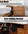 Heavy Duty Biometric Pistol Safe Featuring Quick Grab Drop Down Access Slick Wall Mount Design Solid Steel Build Fingerprint Keypad Lock For Home Desk Or Bedside Setup mounted beside a nightstand in a wooden bedroom.