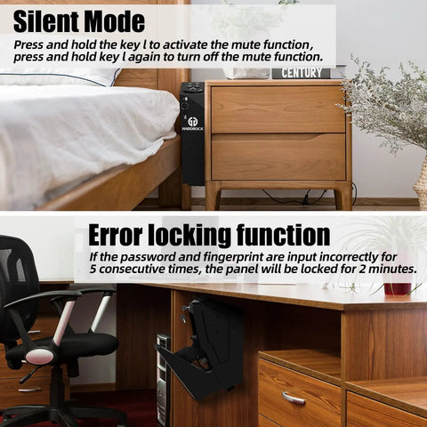 Heavy Duty Biometric Pistol Safe Featuring Quick Grab Drop Down Access Slick Wall Mount Design Solid Steel Build Fingerprint Keypad Lock For Home Desk Or Bedside Setup mounted beside a nightstand in a wooden bedroom.