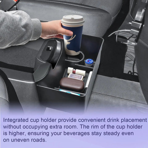 Center Console Hanging Organizer Box Fits 2019 To 2026 Chevy Silverado And GMC Sierra 1500 And 2020 To 2026 Silverado 2500HD And 3500HD Split Bench Seats Not For Bucket Seats Armrest Tray Storage with cup holder in use.